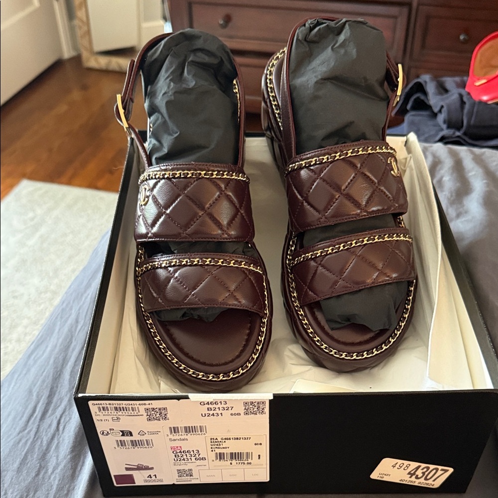 Chanel 25A Coco mark quilted burgundy lamb skin platform sandals